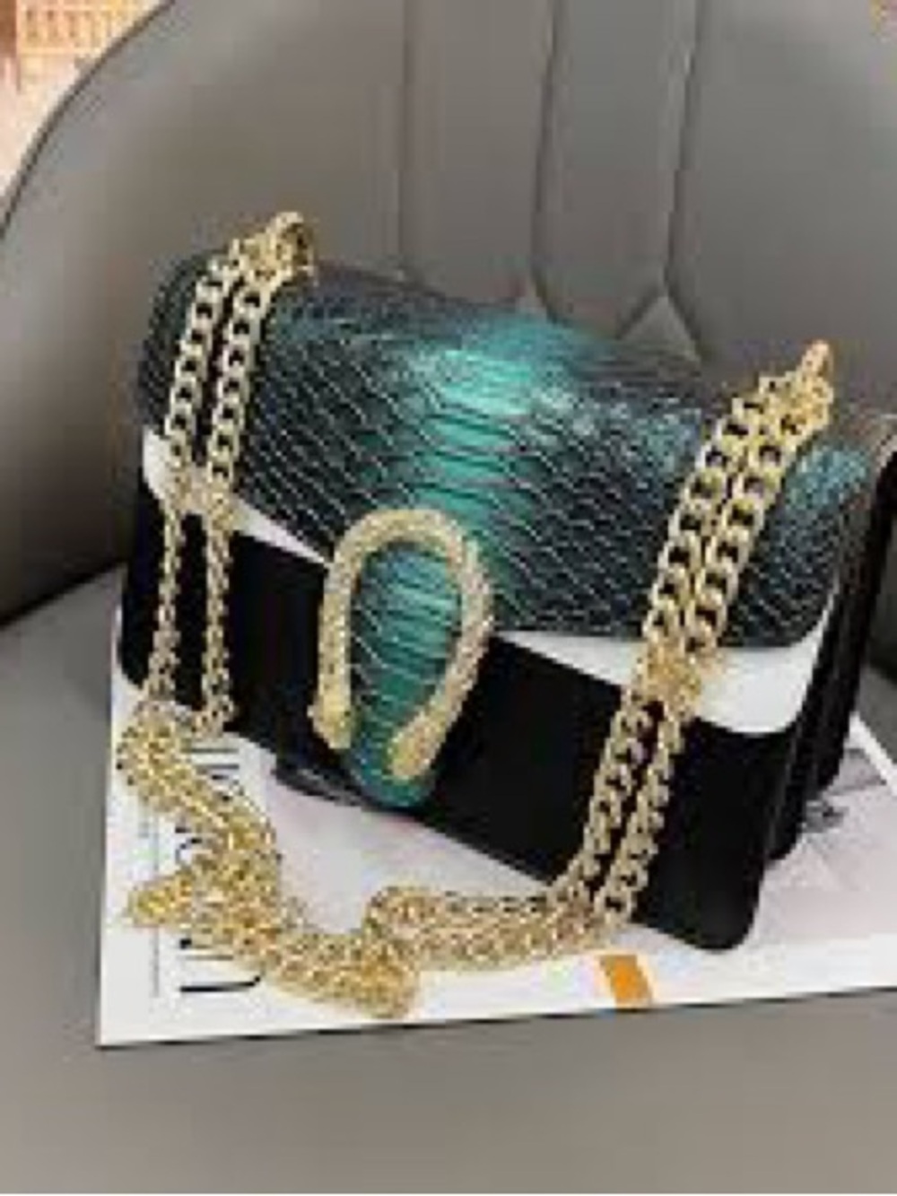 Lux Metallic Green Python Chain Shoulder Bag - Picture 3 of 9